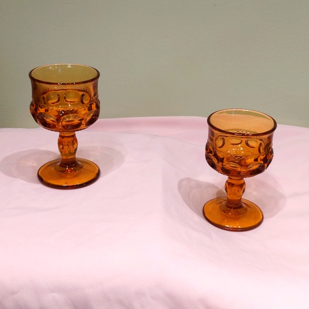 Set of 2 vintage amber king's crown thumbprint glasses